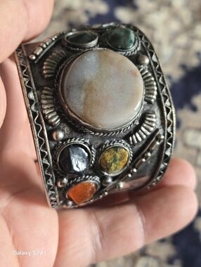 Handcrafted Silver Multi-Stone Cuff Bracelet - Multi Color